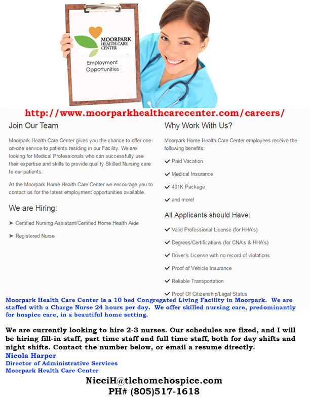moorpark healthcare center are hiring Certified Nursing Assistant/Certified Home Health Aide and Registered Nurse